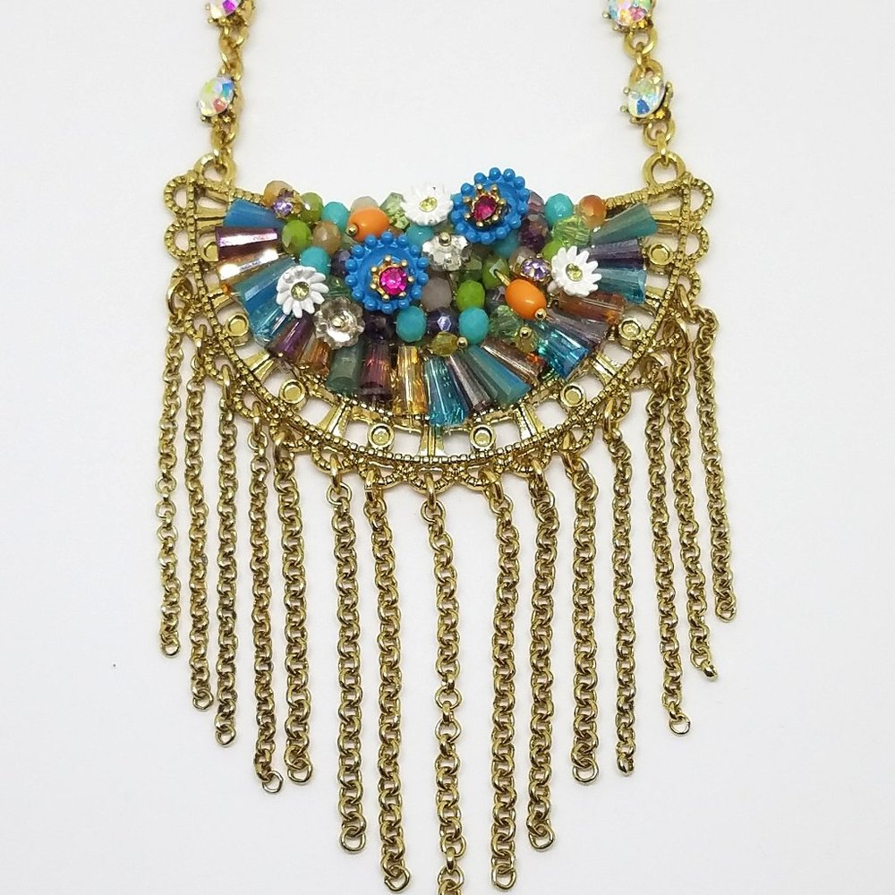 NWT RARE "Weave & Sew" Multi Color Beaded Gold Woven Fringe Rhinestone Necklace